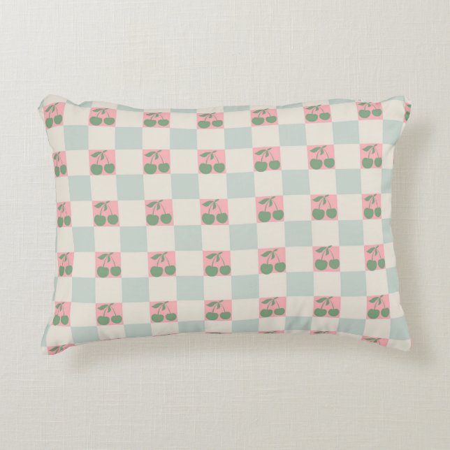 Green Pink Aesthetic Cherry Chequered Y2K Pattern Decorative Cushion (Front)