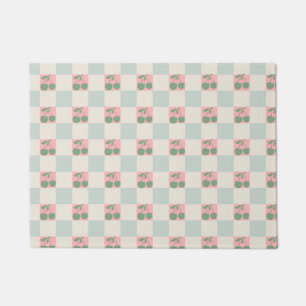 Green Pink Aesthetic Cherry Chequered Y2K Pattern Doormat