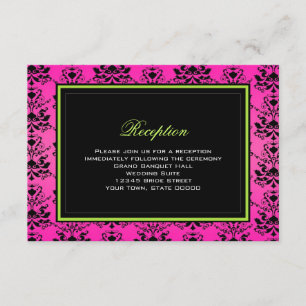 Green Pink and Black Damask Wedding Reception Card