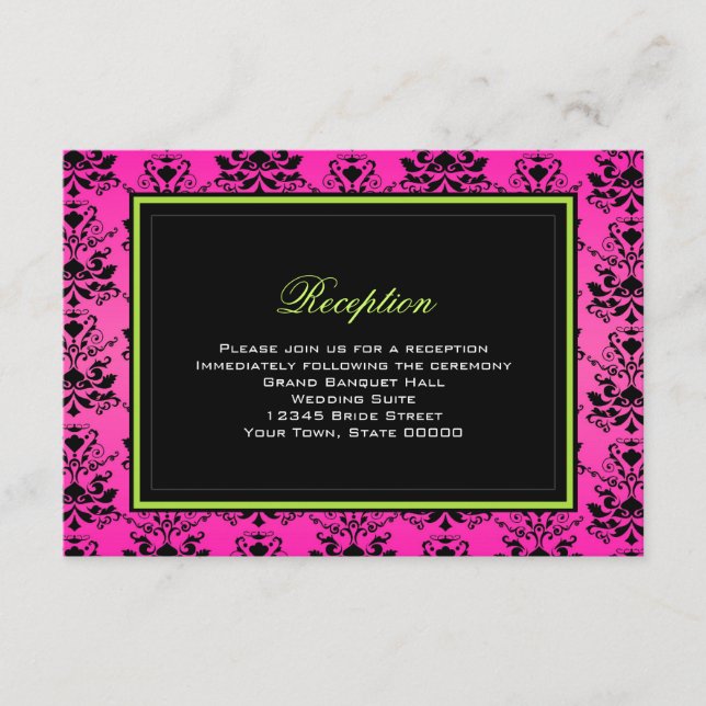 Green Pink and Black Damask Wedding Reception Card (Front)