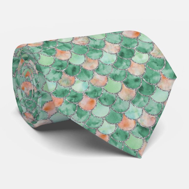 Green Pink and Silver Mermaid Scales Tie (Rolled)