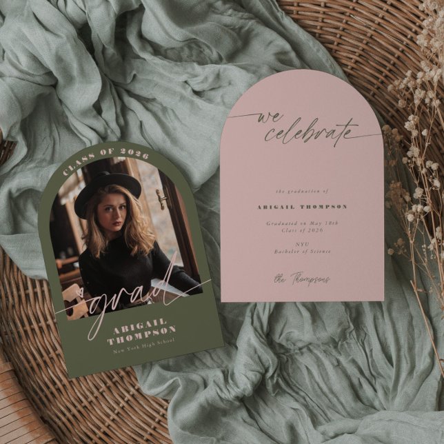 Green & Pink Arch Photo Script Graduation Invitation (Creator Uploaded)