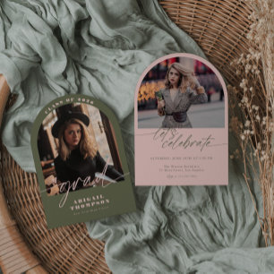 Green & Pink Arch Photo Script Graduation Invitation