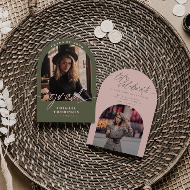 Green & Pink Arch Photo Script Graduation Invitation (Creator Uploaded)