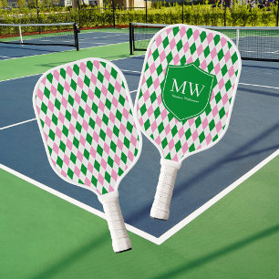 Green Pink Argyle Monogram Pickleball Paddle