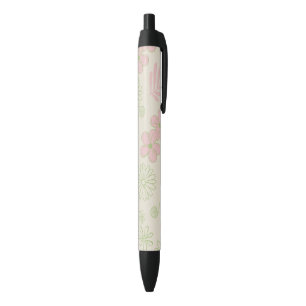 Green Pink Beige Retro Y2K 70s Flower Pattern Black Ink Pen