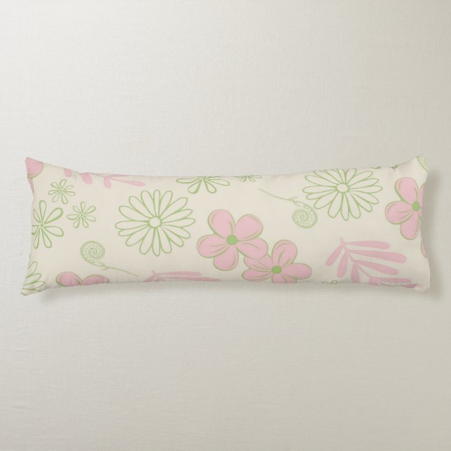 Green Pink Beige Retro Y2K 70s Flower Pattern Body Cushion (Front)