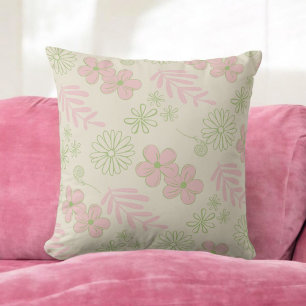 Green Pink Beige Retro Y2K 70s Flower Pattern Cushion
