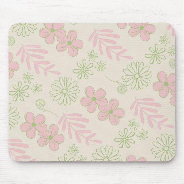 Green Pink Beige Retro Y2K 70s Flower Pattern Mouse Mat (Front)