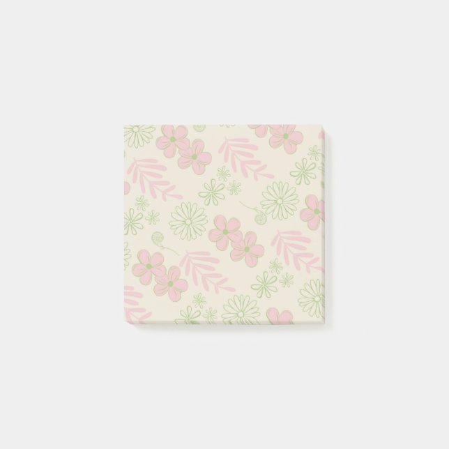 Green Pink Beige Retro Y2K 70s Flower Pattern Post-it Notes (Front)
