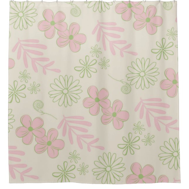 Green Pink Beige Retro Y2K 70s Flower Pattern Shower Curtain (Front)