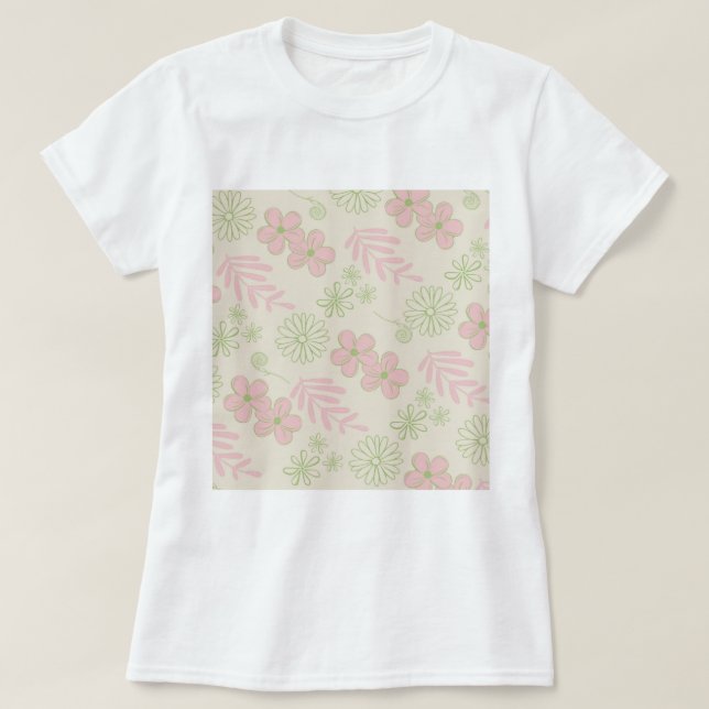 Green Pink Beige Retro Y2K 70s Flower Pattern T-Shirt (Design Front)