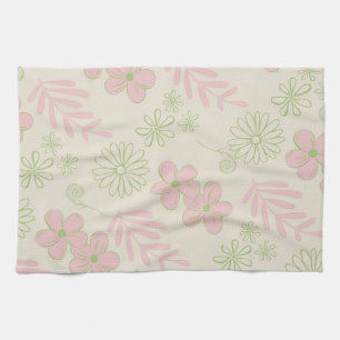 Green Pink Beige Retro Y2K 70s Flower Pattern Tea Towel