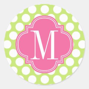 Green & Pink Big Polka Dots Monogrammed Classic Round Sticker