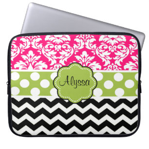 Green Pink Black Dot Damask Chevron Personalised Laptop Sleeve