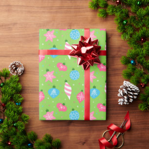 Green Pink Blue Ornaments Merry Bright Christmas  Wrapping Paper