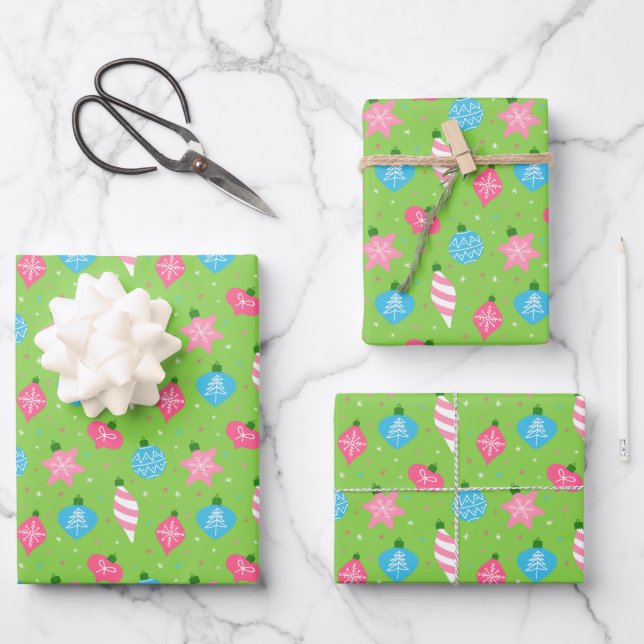 Green Pink Blue Ornaments Merry Bright Christmas Wrapping Paper Sheet (Front)