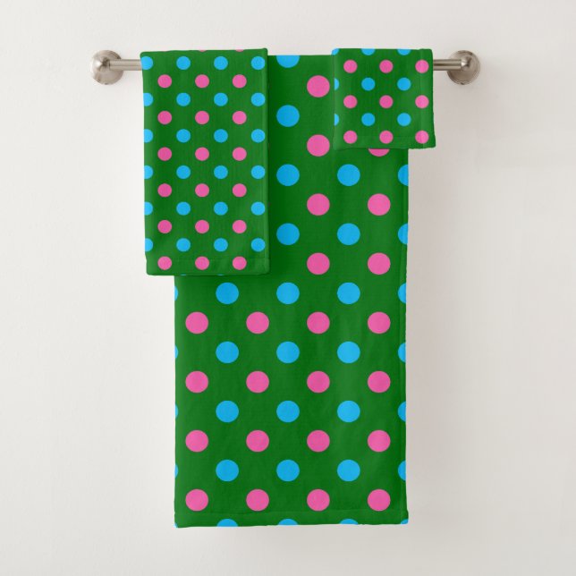 Green Pink Blue Polka Dot Pattern Bath Towel Set (Insitu)