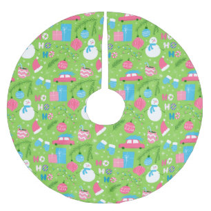 Green Pink Blue Snowmen Ornament Christmas Holiday Brushed Polyester Tree Skirt