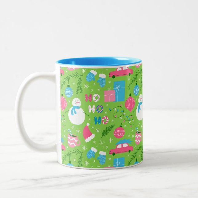 Green Pink Blue Snowmen Ornament Christmas Holiday Two-Tone Coffee Mug (Left)