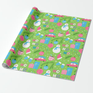 Green Pink Blue Snowmen Ornament Christmas Holiday Wrapping Paper