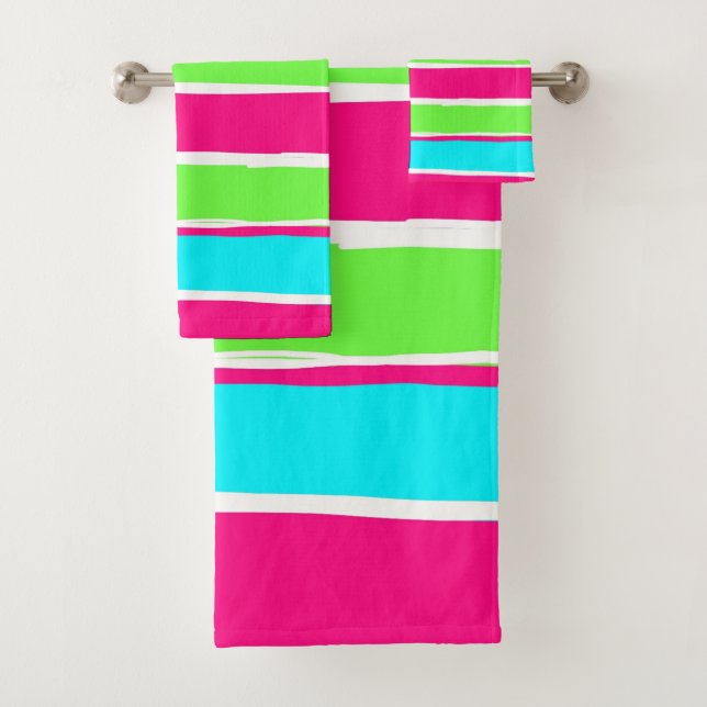 Green Pink Blue Stripes  Bath Towel Set (Insitu)