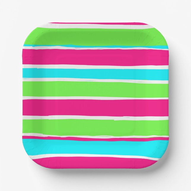 Green Pink Blue Stripes  Paper Plate (Front)