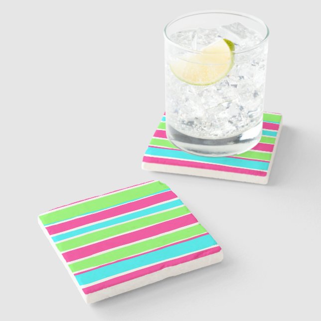 Green Pink Blue Stripes  Stone Coaster (Side)