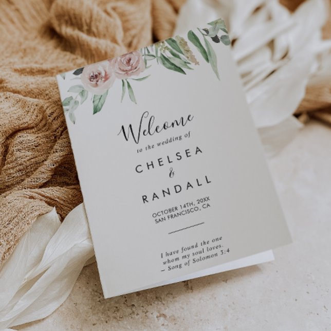 Green Pink Blush Floral Folded Wedding  Program Programme (Creator Uploaded)