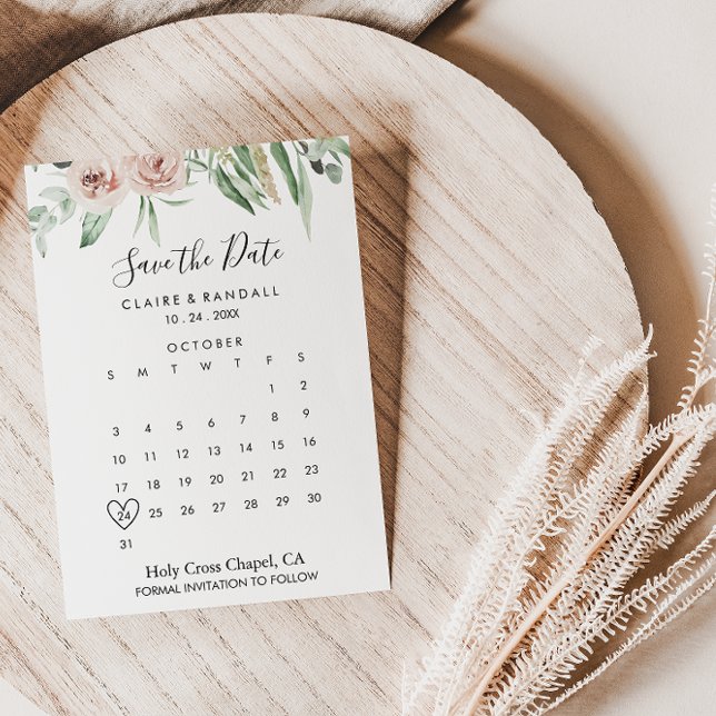 Green Pink Blush Floral Save the Date Calendar (Creator Uploaded)