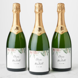  Green Pink Blush Floral White Wedding  Sparkling Wine Label