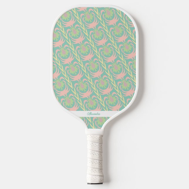 Green Pink Boho Floral Folk Pattern Personalised Pickleball Paddle (Front)