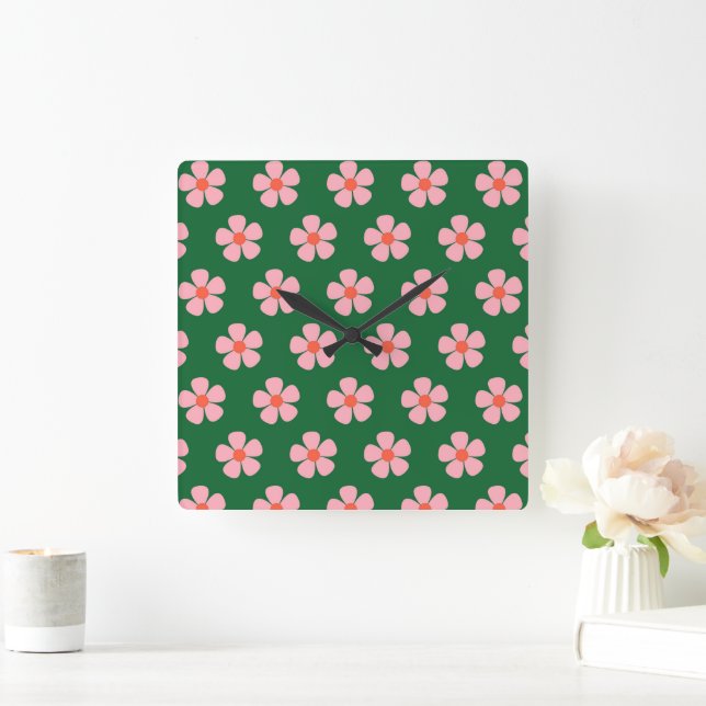 Green Pink Bold Y2K Wildflower Vibrant Home Decor Square Wall Clock (Home)