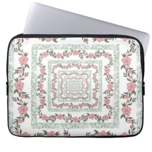 Green Pink Border Retro Y2K 70s Flower Pattern Laptop Sleeve