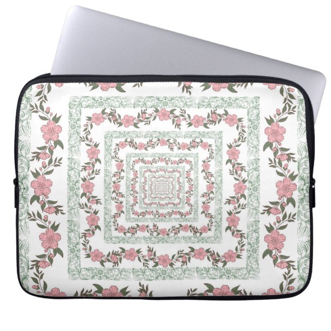 Green Pink Border Retro Y2K 70s Flower Pattern Laptop Sleeve (Front)
