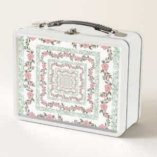 Green Pink Border Retro Y2K 70s Flower Pattern Metal Lunch Box