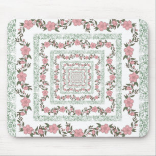 Green Pink Border Retro Y2K 70s Flower Pattern Mouse Mat
