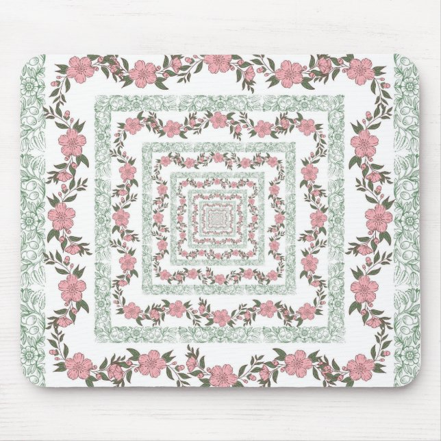 Green Pink Border Retro Y2K 70s Flower Pattern Mouse Mat (Front)
