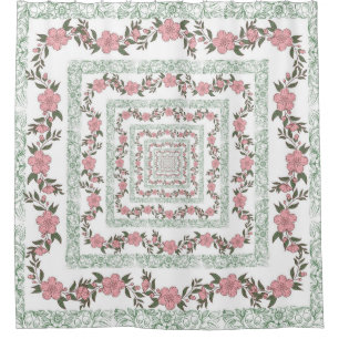 Green Pink Border Retro Y2K 70s Flower Pattern Shower Curtain