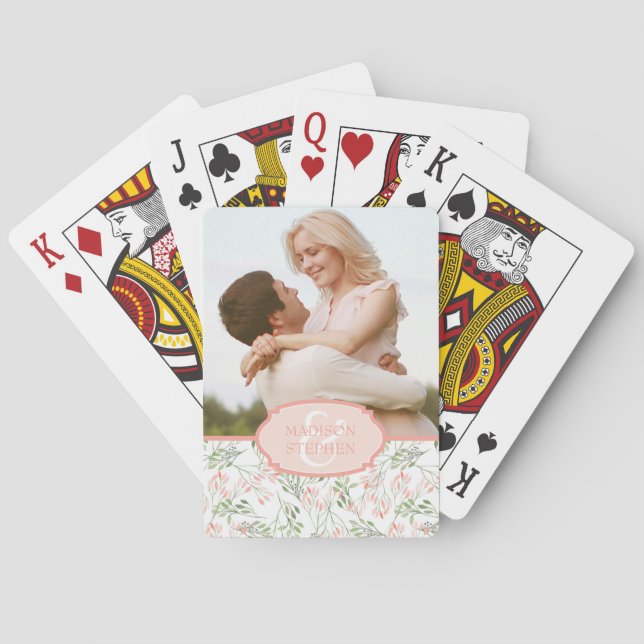 Green & Pink Botanical Watercolor - Wedding Photo Playing Cards (Back)