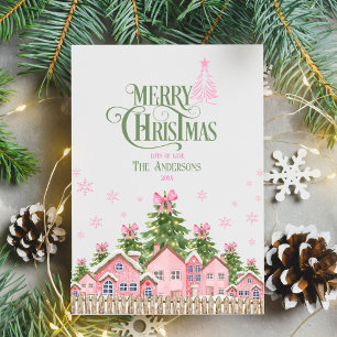 Green & Pink Bow Christmas Village Holiday Card