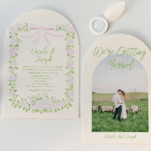 Green Pink Bow Floral Summer Arched Photo Wedding Invitation