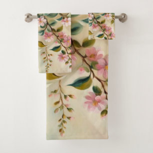 Green Pink Branch Bath Towels