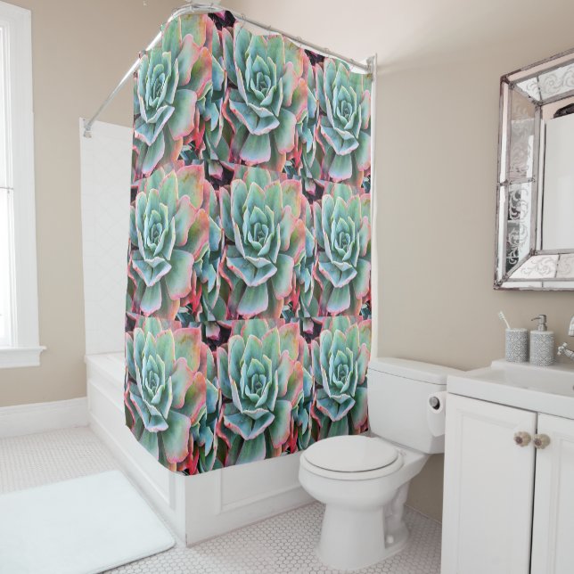 Green pink cacti photography collage pattern bold shower curtain (In Situ)