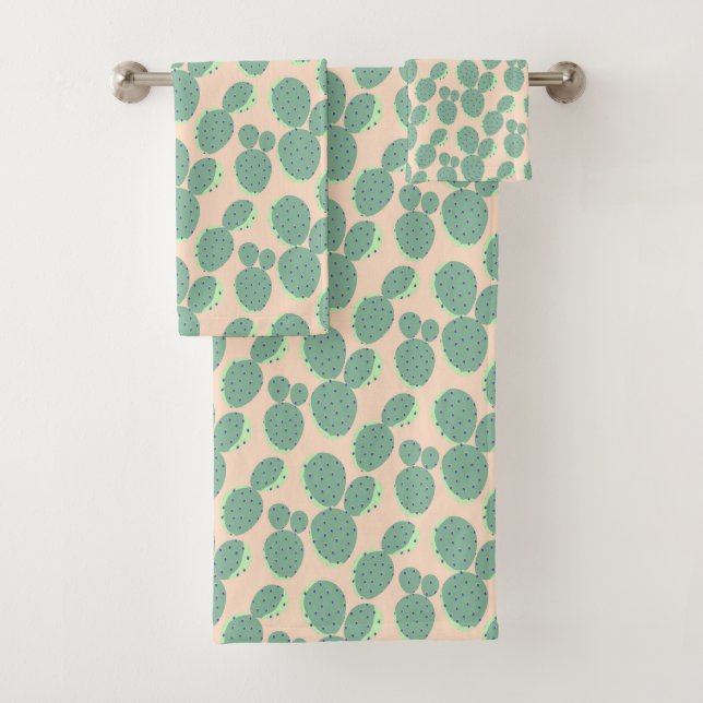 Green & Pink Cactus Pattern Bath Towel Set (Insitu)