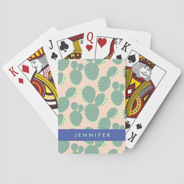 Green & Pink Cactus Pattern Playing Cards (Back)