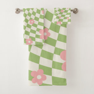 Green Pink Chequered Floral Bath Towel Set