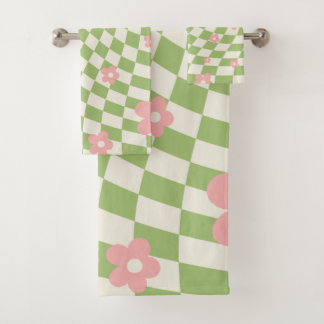 Green Pink Chequered Floral Bath Towel Set