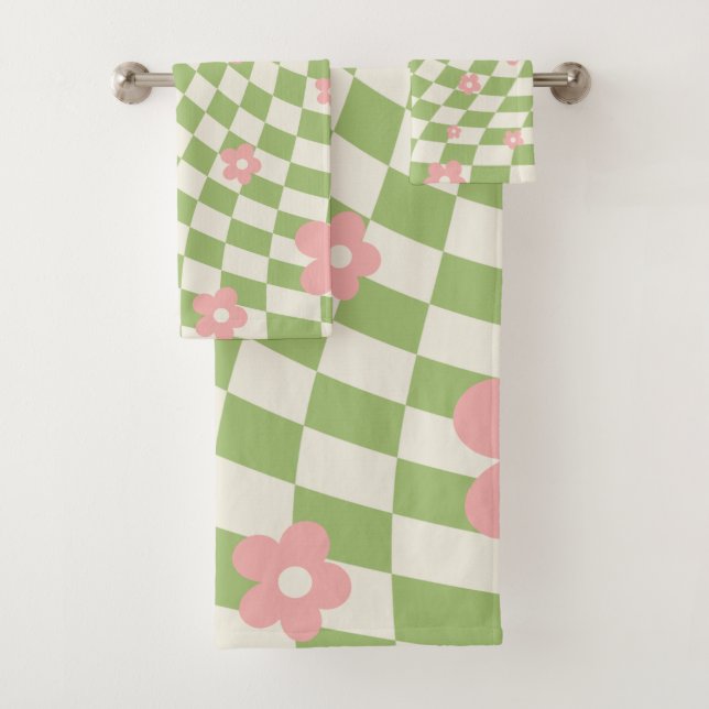 Green Pink Chequered Floral Bath Towel Set (Insitu)
