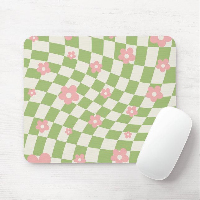 Green Pink Chequered Floral Mouse Mat (With Mouse)